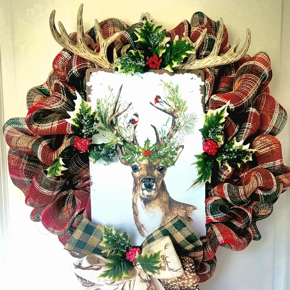 Hand Crafted Other - Winter Deer Buck Wreath Deco Mesh Bow Winter